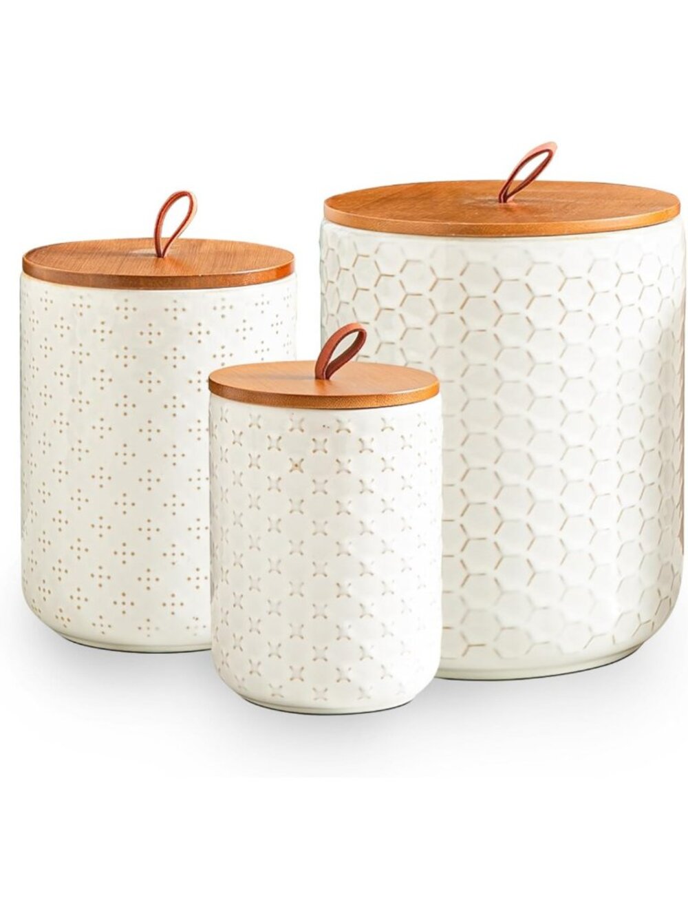 Airtight White Ceramic Canister Set with Wooden Lids - 3-Piece Kitchen Storage